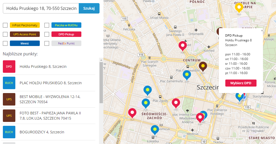 Mapa centrum Szczecina z zaznaczonym punktem na mapie DPD Pickup do odbioru przesyłki oraz innymi punktami do możliwego odbioru różnych firm kurierskich