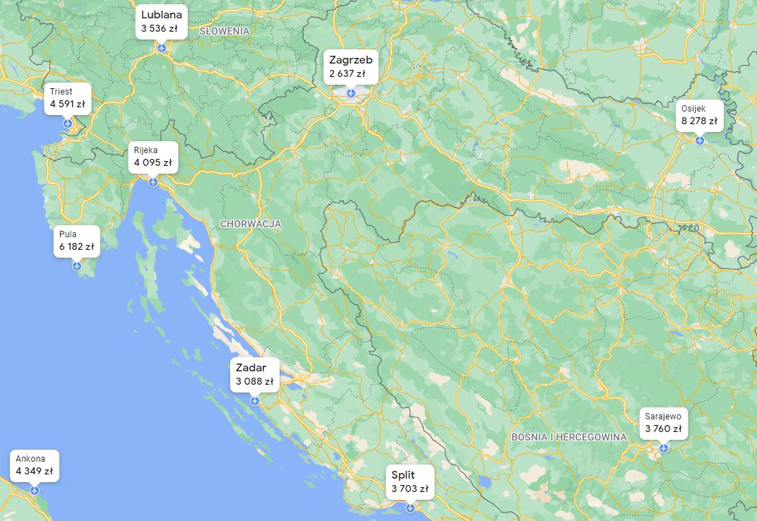 Koszt przelotu na Chorwację od 2500 do 4000 złotych