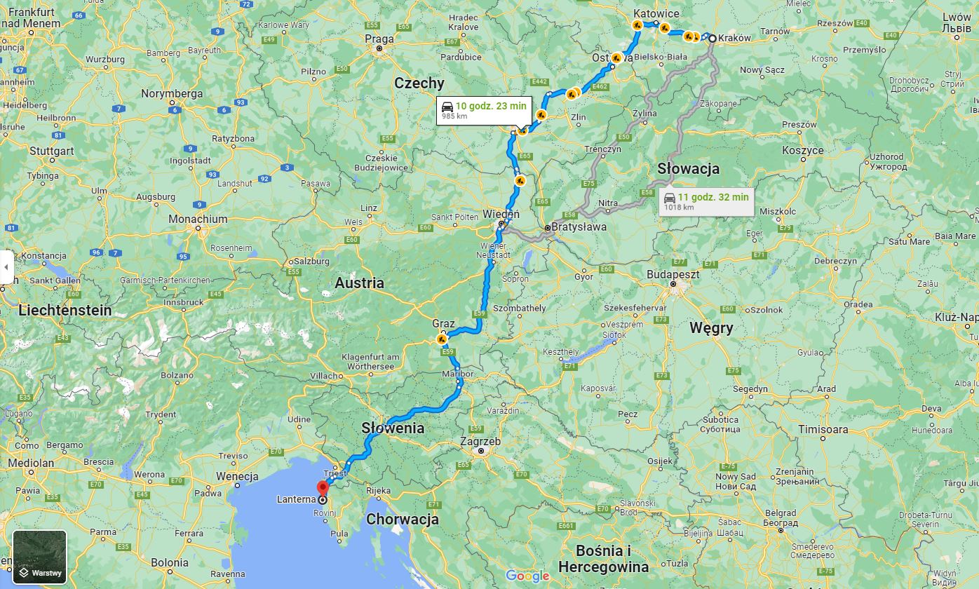 Mapa Google Kraków - Laterna pokazująca trasę z czasem 10,5 godziny