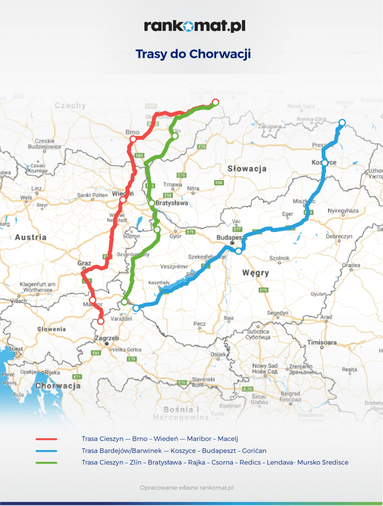 3 trasy na Chorwację w kolorze czerwonym, zielonym i niebieskim